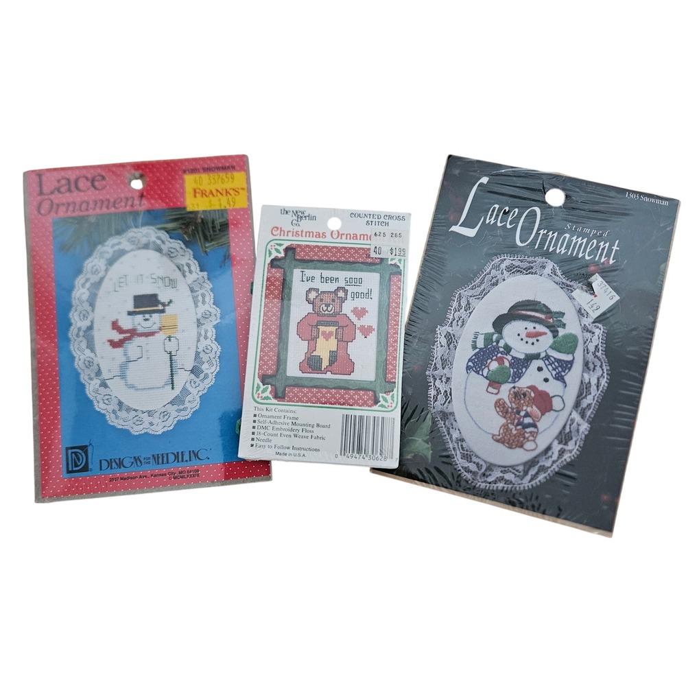 Vintage Christmas Cross Stitch Ornament Kit Lot Snowman Teddy Bear 3 Kits New